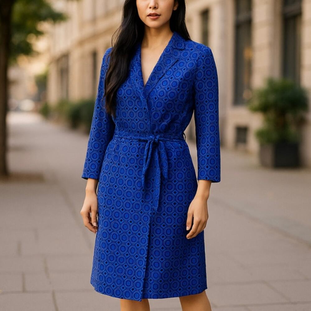 Julie Dillon New York Blue Geometric Wrap Tie Waist Jersey Dress